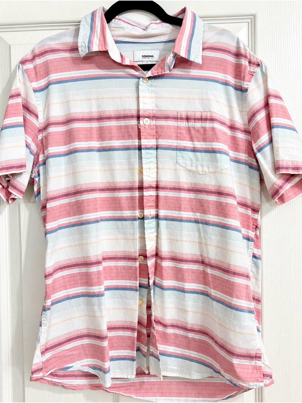 SONOMA Men’s Pink, Blue & White Striped Short-Sleeve Button-Up Shirt